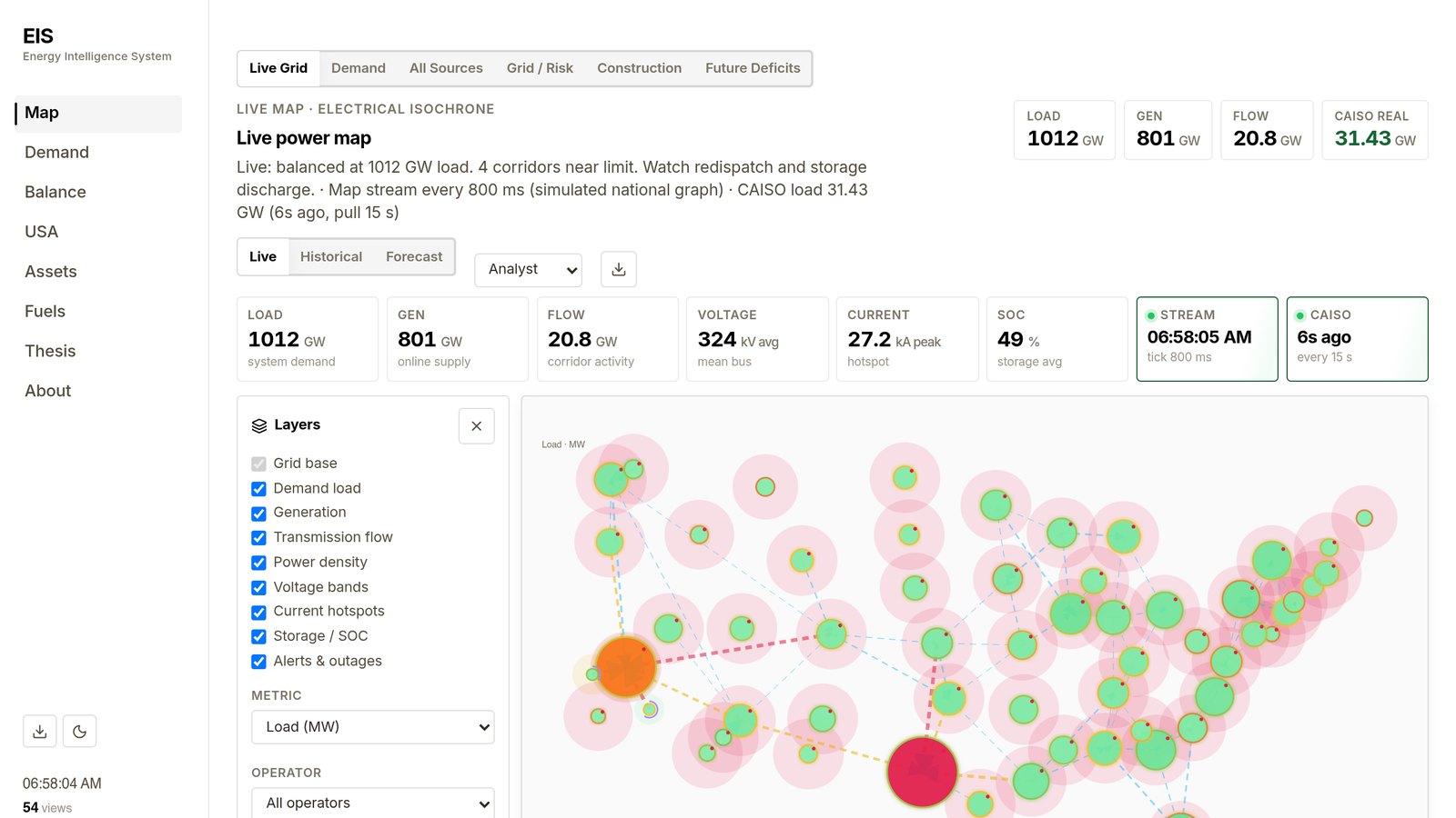 Screenshot of EIS, the Energy Intelligence System live power map